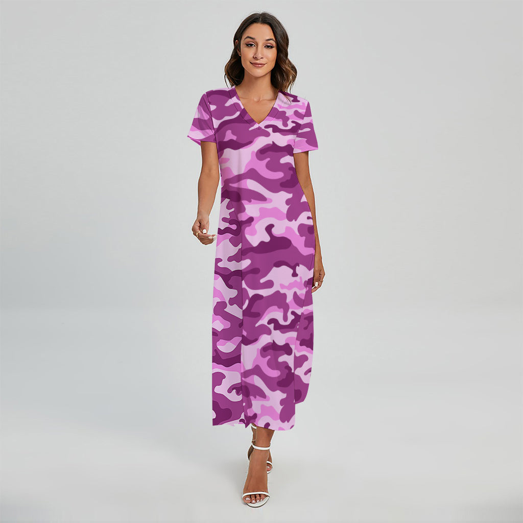 Pink Camouflage Print Short Sleeve Maxi Dress