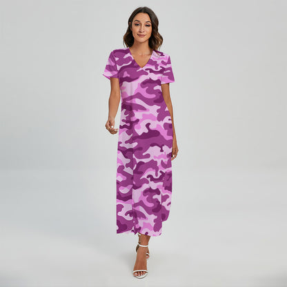 Pink Camouflage Print Short Sleeve Maxi Dress