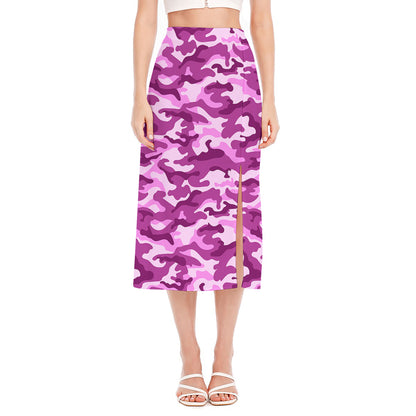 Pink Camouflage Print Side Slit Midi Skirt