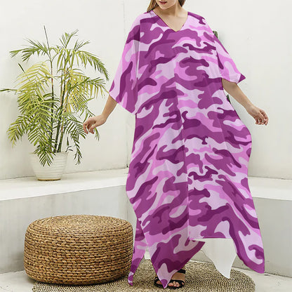 Pink Camouflage Print Silk V-Neck Kaftan Dress