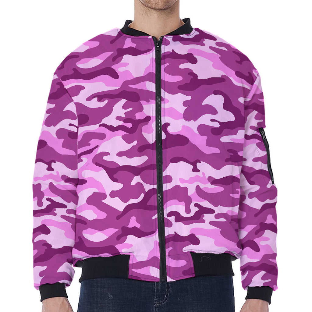 Pink Camouflage Print Zip Sleeve Bomber Jacket