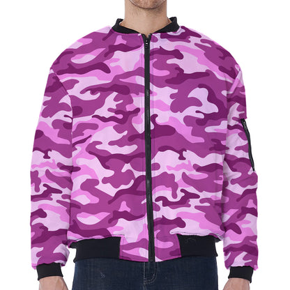 Pink Camouflage Print Zip Sleeve Bomber Jacket