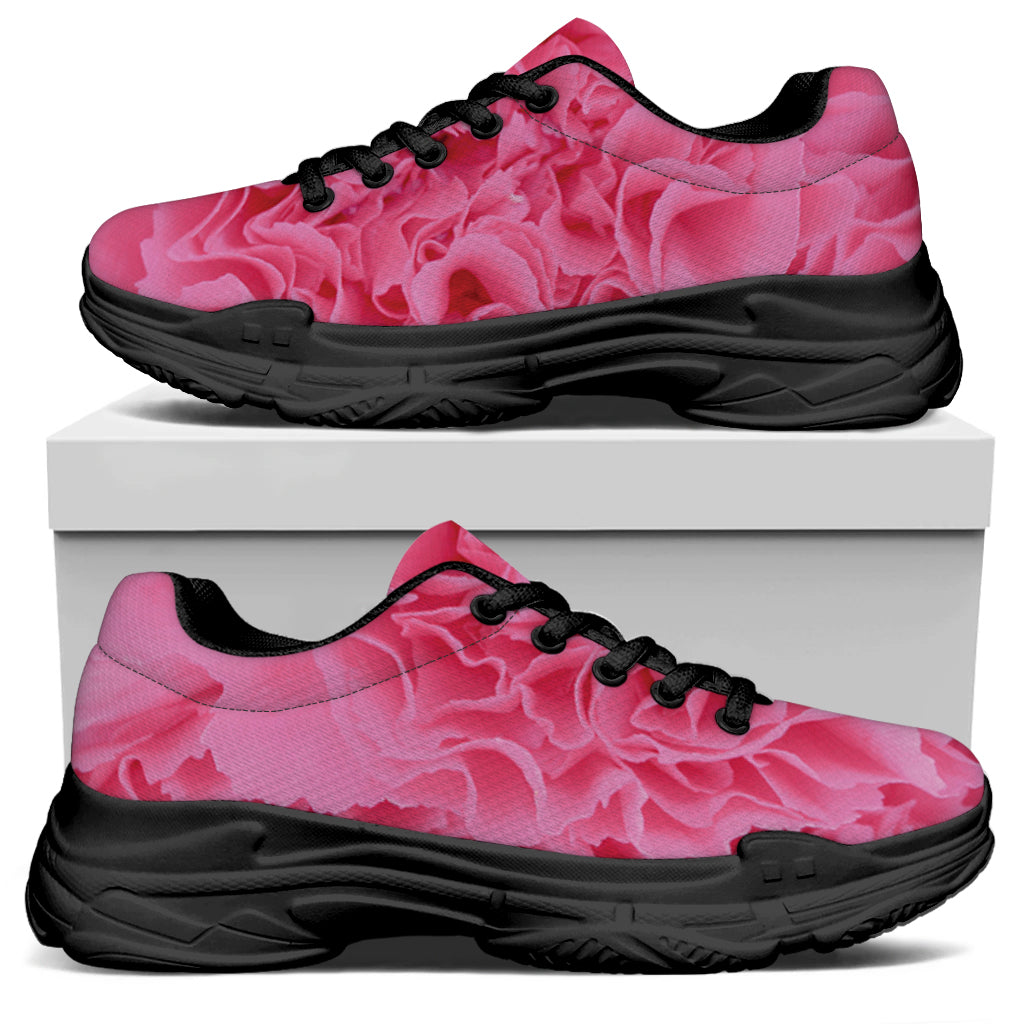 Pink Carnation Flower Print Black Chunky Shoes