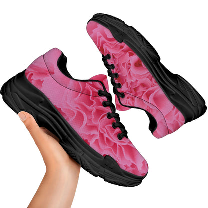 Pink Carnation Flower Print Black Chunky Shoes