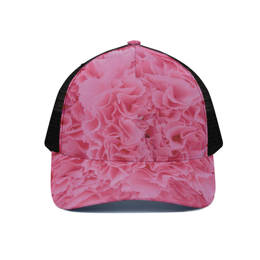 Pink Carnation Flower Print Black Mesh Trucker Cap