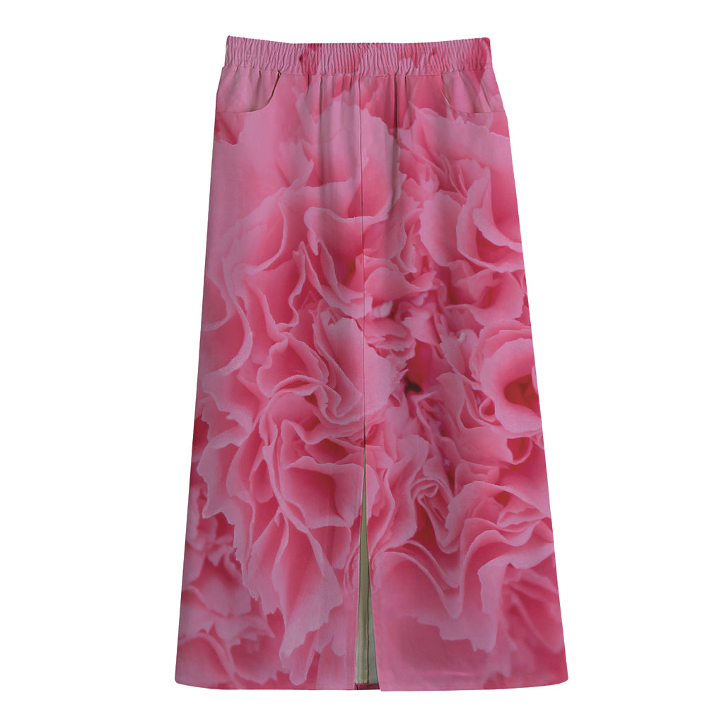 Pink Carnation Flower Print Cotton Front Slit Maxi Skirt