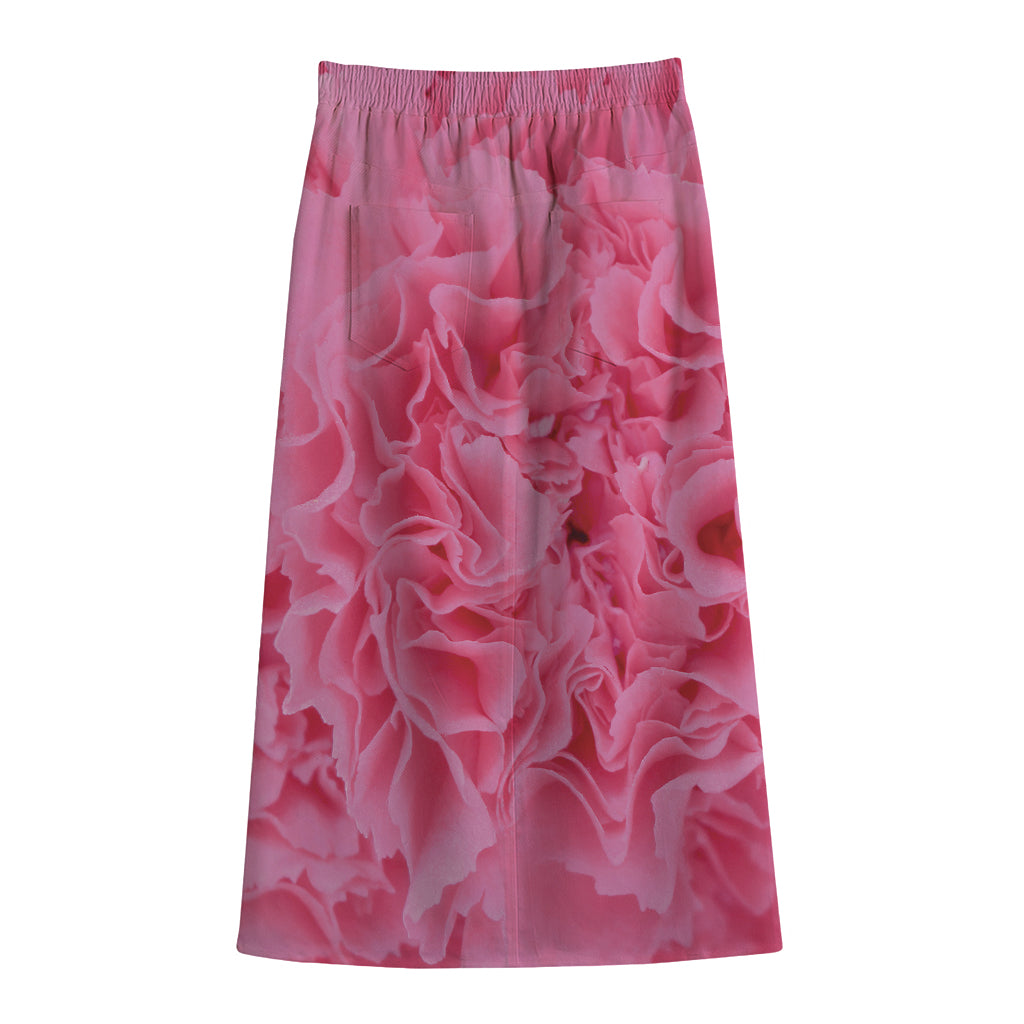 Pink Carnation Flower Print Cotton Front Slit Maxi Skirt