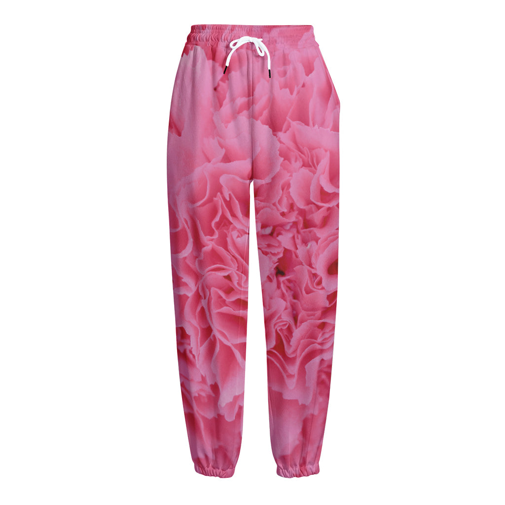 Pink Carnation Flower Print Fleece Lined Knit Pants