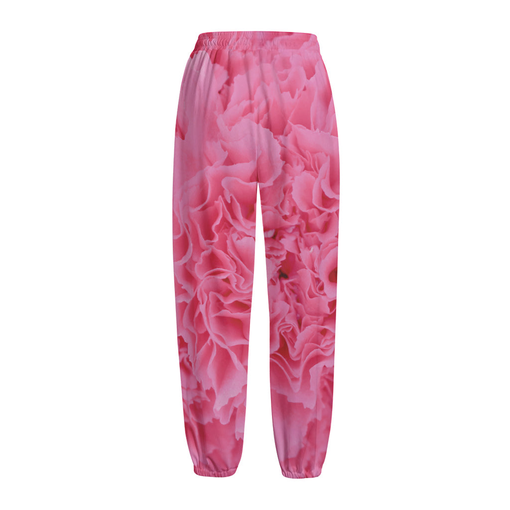 Pink Carnation Flower Print Fleece Lined Knit Pants