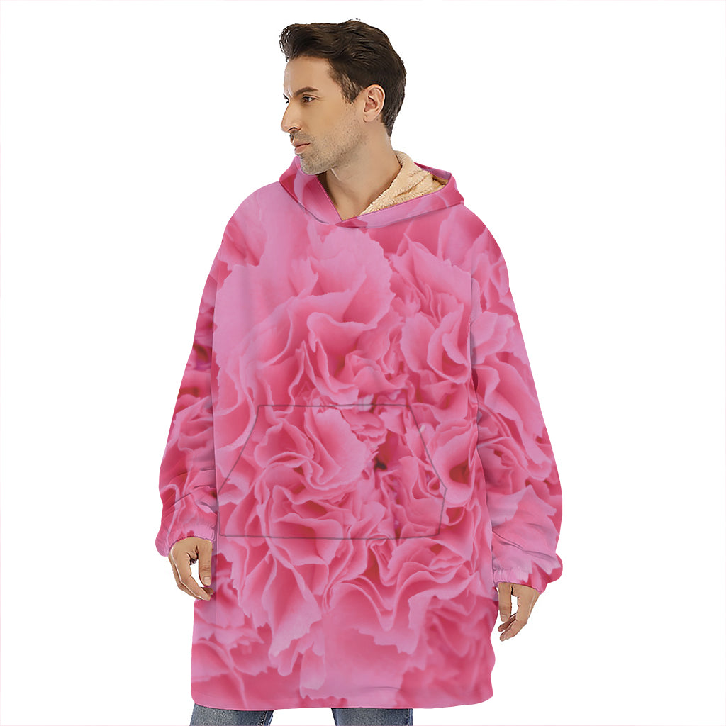 Pink Carnation Flower Print Hoodie Blanket