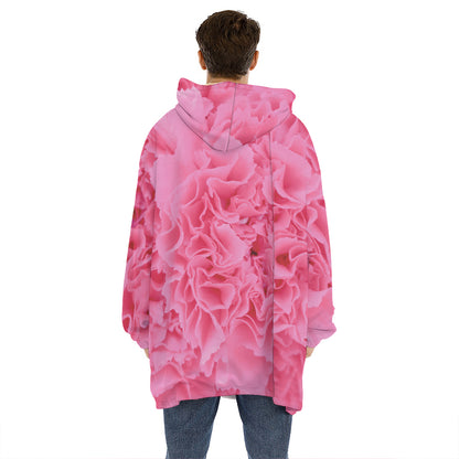 Pink Carnation Flower Print Hoodie Blanket