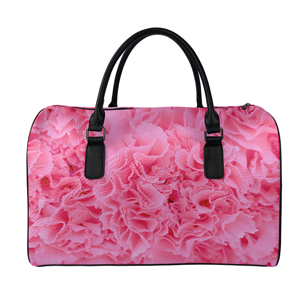 Pink Carnation Flower Print Leather Duffle Bag