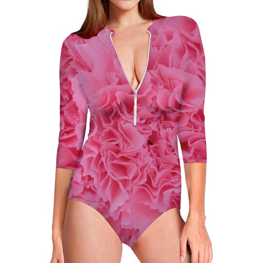 Pink Carnation Flower Print Long Sleeve Swimsuit