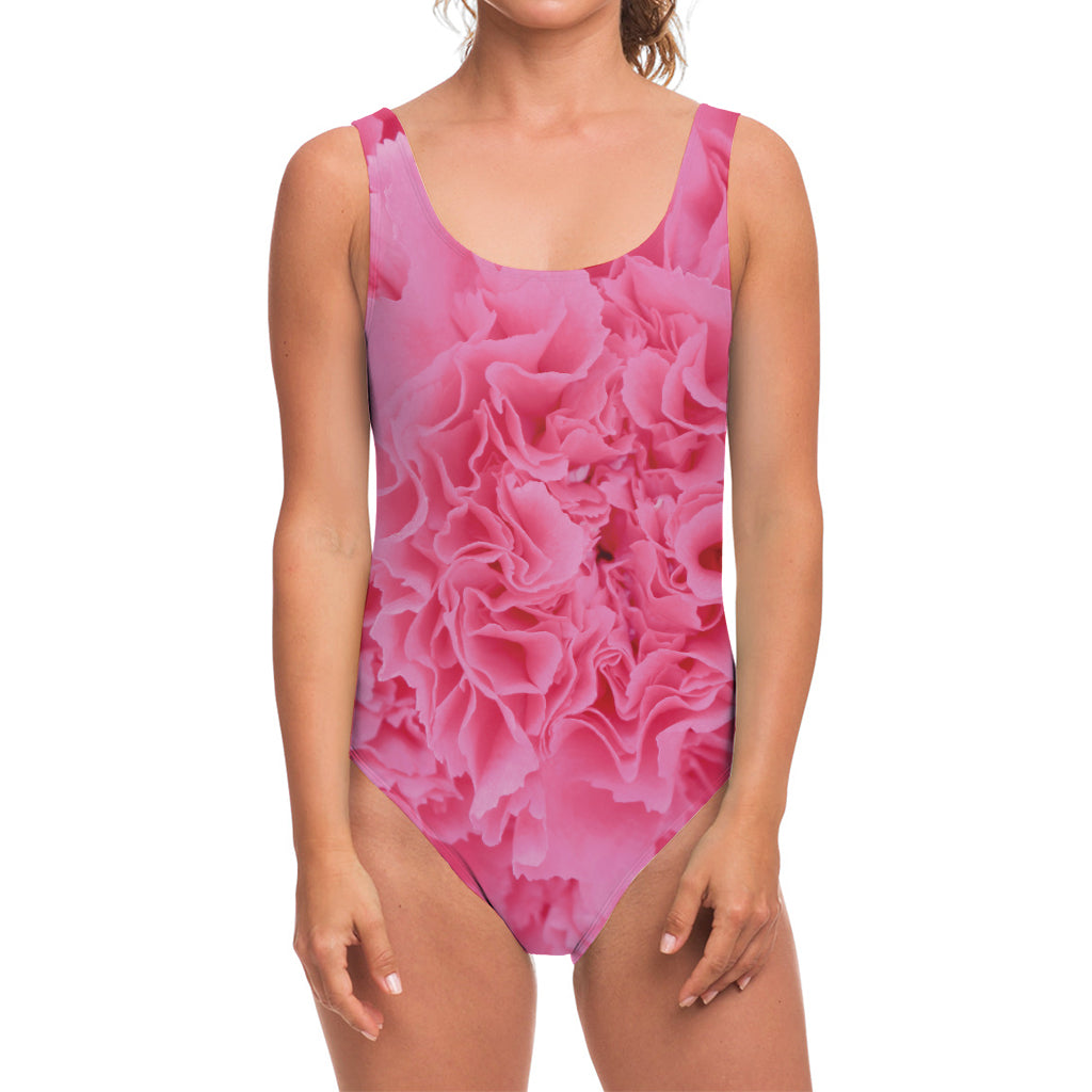 Pink Carnation Flower Print One Piece Swimsuit