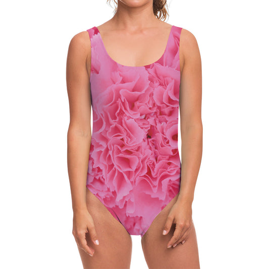 Pink Carnation Flower Print One Piece Swimsuit