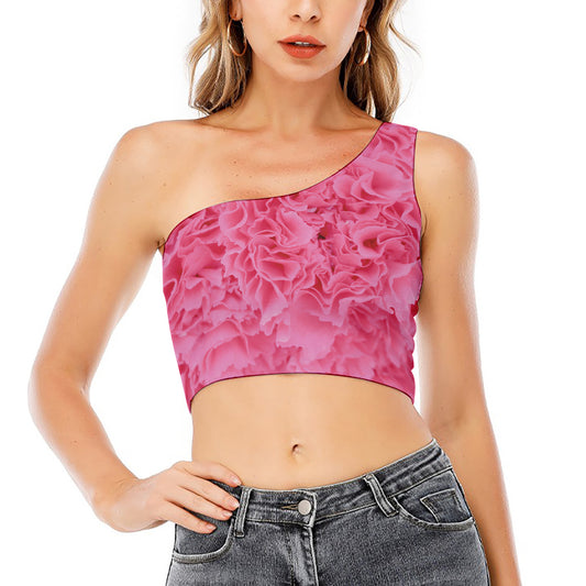 Pink Carnation Flower Print One Shoulder Crop Top