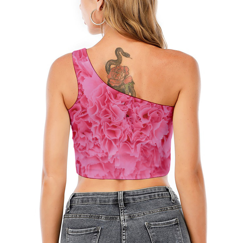 Pink Carnation Flower Print One Shoulder Crop Top