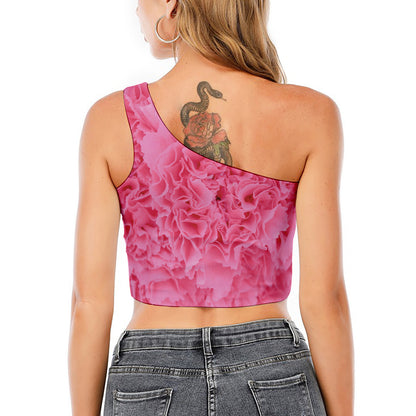 Pink Carnation Flower Print One Shoulder Crop Top