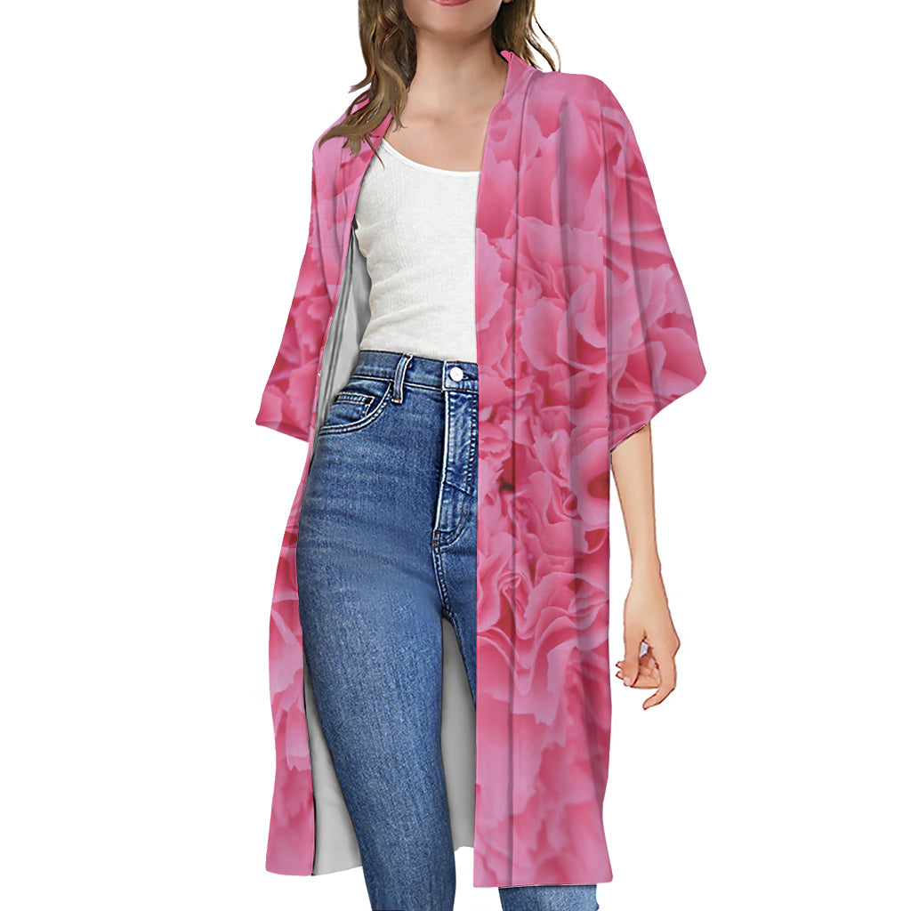 Pink Carnation Flower Print Open Front Beach Cover Up