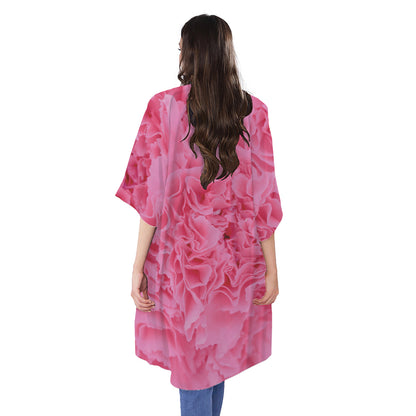 Pink Carnation Flower Print Open Front Beach Cover Up