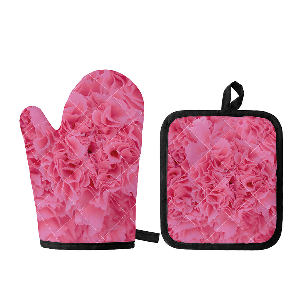 Pink Carnation Flower Print Oven Mitt And Pot Holder Set