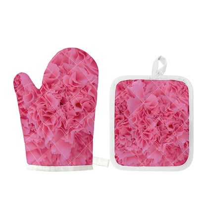 Pink Carnation Flower Print Oven Mitt And Pot Holder Set