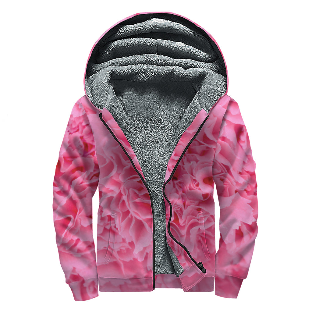 Pink Carnation Flower Print Sherpa Lined Zip Up Hoodie