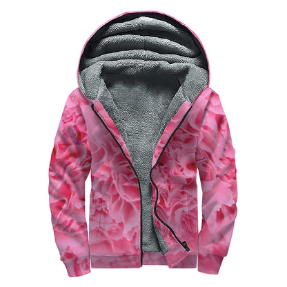 Pink Carnation Flower Print Sherpa Lined Zip Up Hoodie