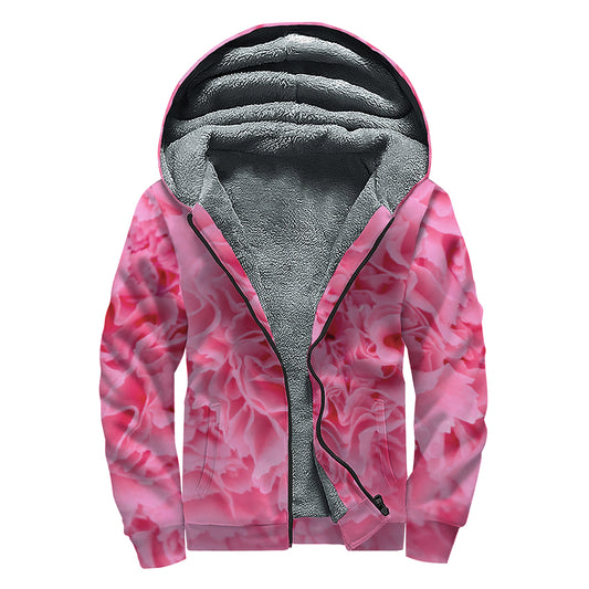 Pink Carnation Flower Print Sherpa Lined Zip Up Hoodie