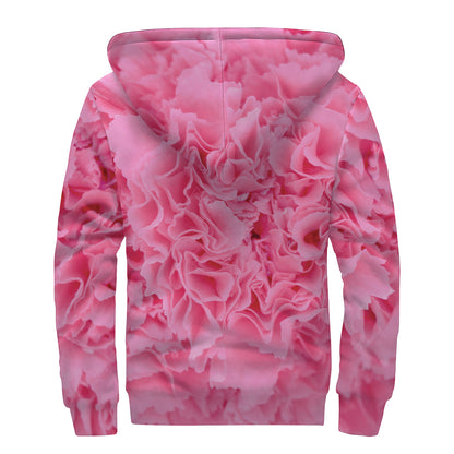 Pink Carnation Flower Print Sherpa Lined Zip Up Hoodie