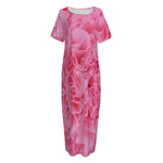 Pink Carnation Flower Print Short Sleeve Long Nightdress