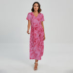 Pink Carnation Flower Print Short Sleeve Maxi Dress