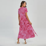 Pink Carnation Flower Print Short Sleeve Maxi Dress