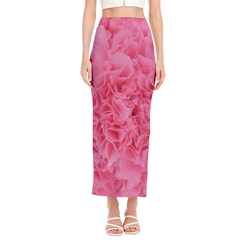 Pink Carnation Flower Print Side Slit Maxi Skirt