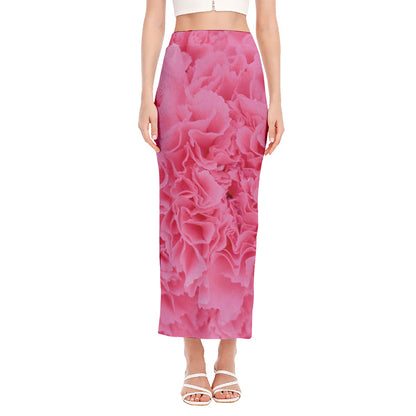 Pink Carnation Flower Print Side Slit Maxi Skirt