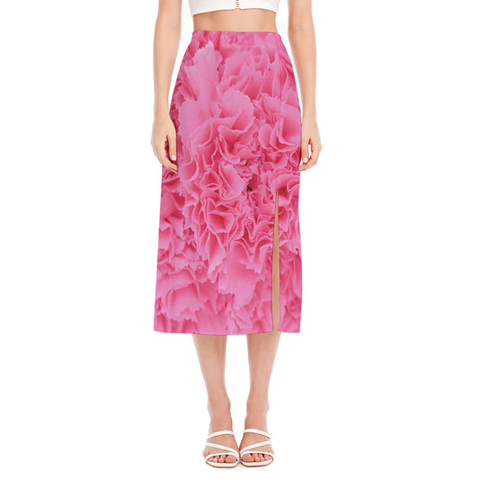 Pink Carnation Flower Print Side Slit Midi Skirt