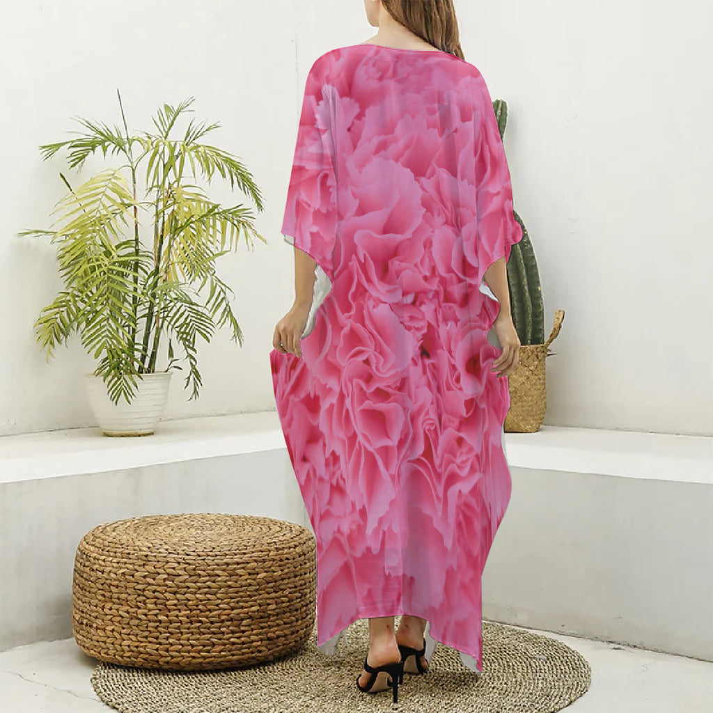 Pink Carnation Flower Print Silk V-Neck Kaftan Dress