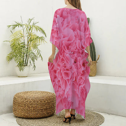 Pink Carnation Flower Print Silk V-Neck Kaftan Dress