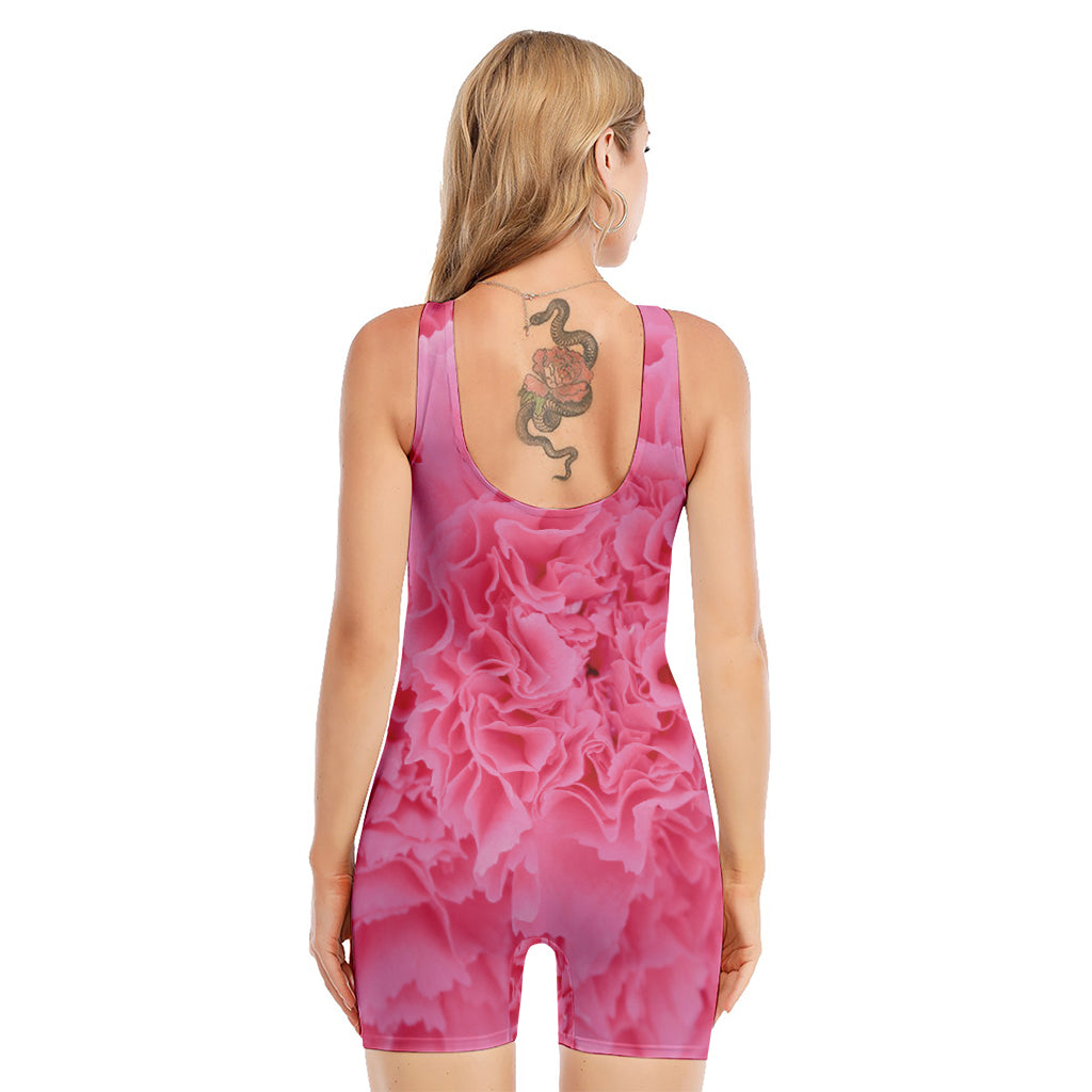 Pink Carnation Flower Print Sleeveless One Piece Swimsuit