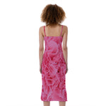 Pink Carnation Flower Print Slim Fit Midi Cami Dress