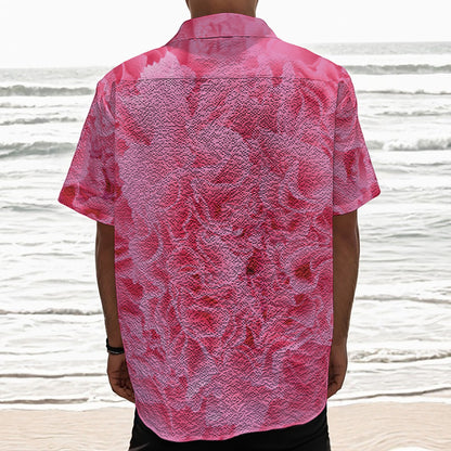 Pink Carnation Flower Print Textured Short Sleeve Shirt