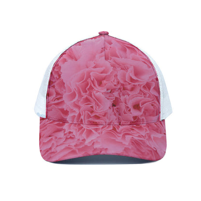 Pink Carnation Flower Print White Mesh Trucker Cap