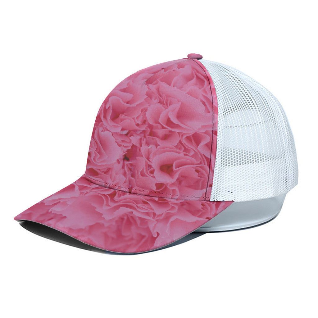 Pink Carnation Flower Print White Mesh Trucker Cap