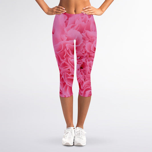 Pink Carnation Flower Print Women's Capri Leggings