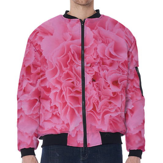 Pink Carnation Flower Print Zip Sleeve Bomber Jacket