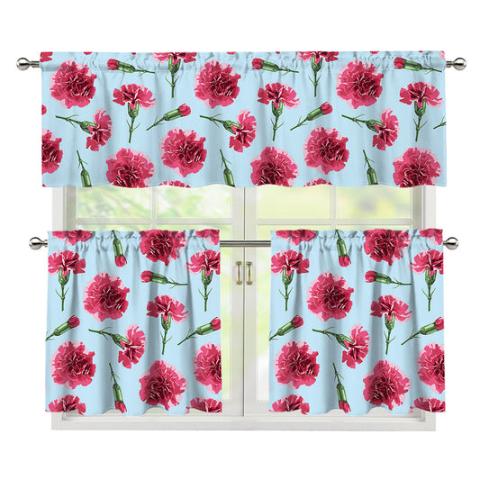 Pink Carnation Pattern Print 3 Piece Kitchen Curtains