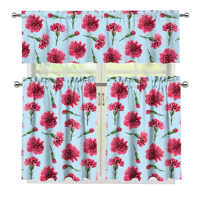 Pink Carnation Pattern Print 3 Piece Kitchen Curtains