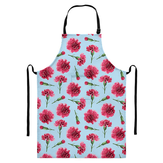 Pink Carnation Pattern Print Bib Apron With Pocket