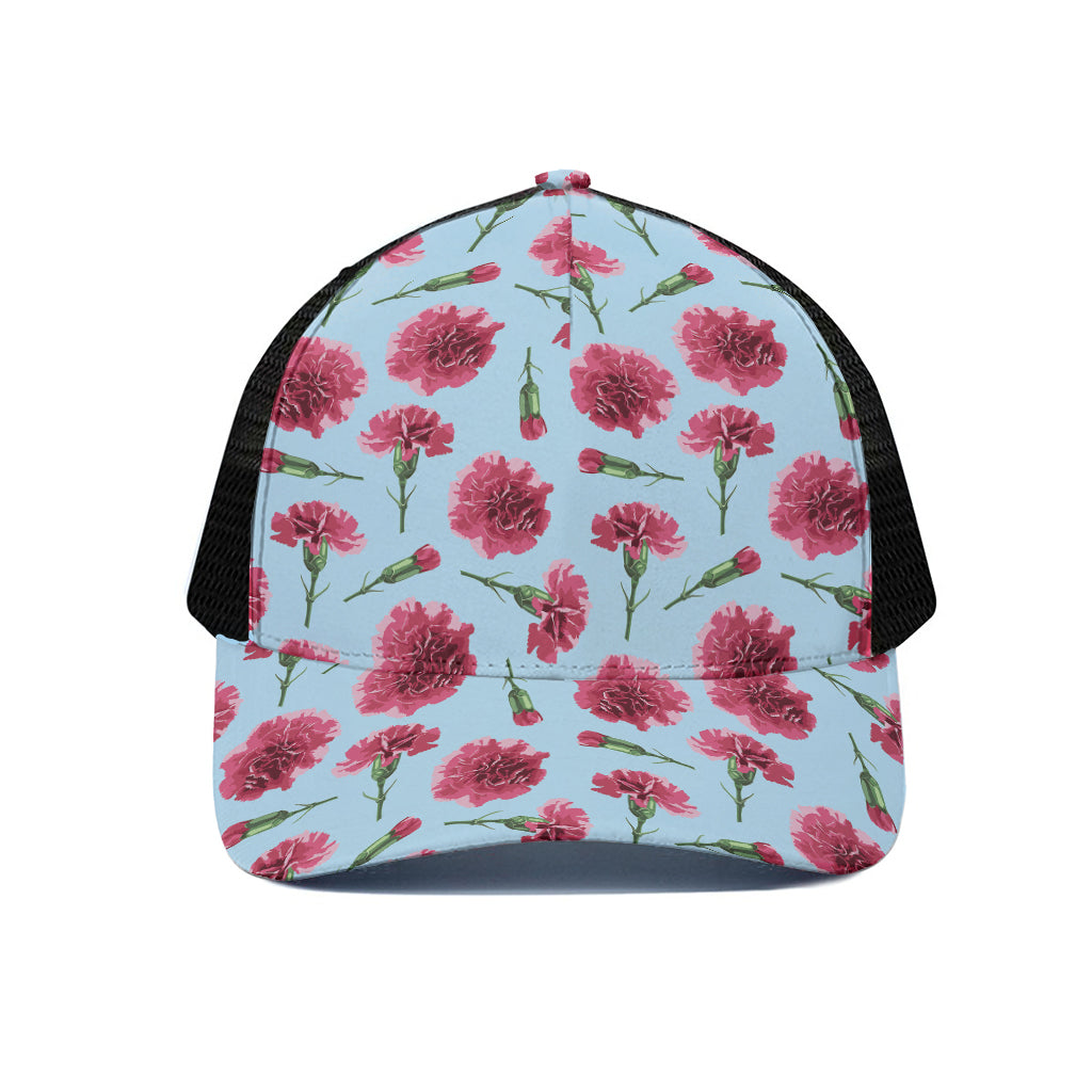 Pink Carnation Pattern Print Black Mesh Trucker Cap