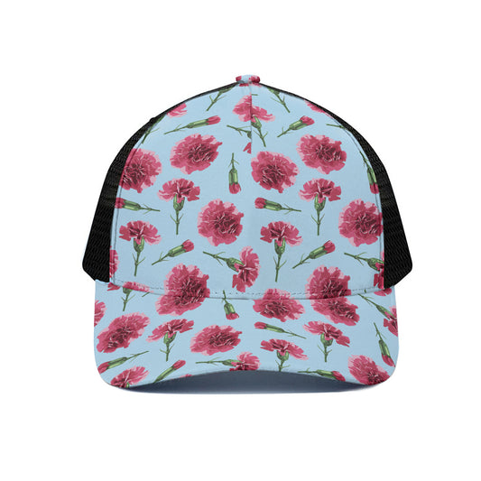 Pink Carnation Pattern Print Black Mesh Trucker Cap